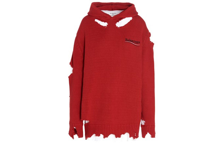 (Women) Balenciaga Red Distressed Knit Pullover Hoodie Sweater. 662718T32120609