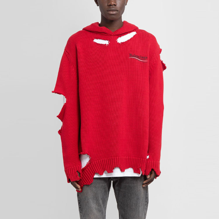 (Women) Balenciaga Red Distressed Knit Pullover Hoodie Sweater. 662718T32120609 圖 4