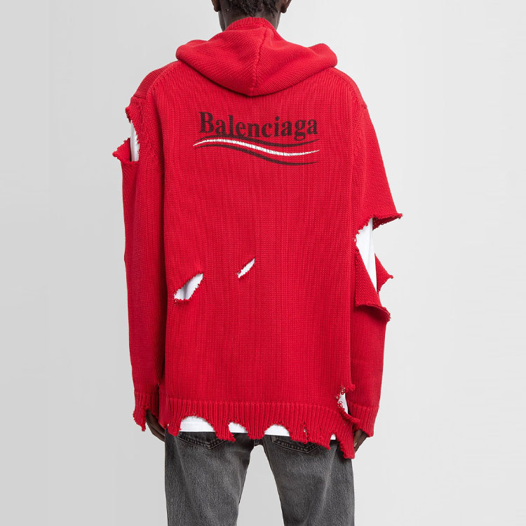 (Women) Balenciaga Red Distressed Knit Pullover Hoodie Sweater. 662718T32120609 圖 5
