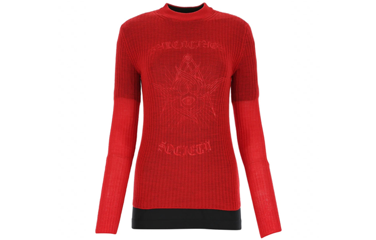 (Women) Balenciaga Red Logo Ribbed Long Sleeve Wool Knit Sweater 641359T15791076