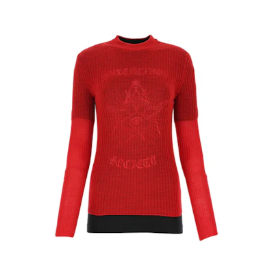 (Women) Balenciaga Red Logo Ribbed Long Sleeve Wool Knit Sweater 641359T15791076