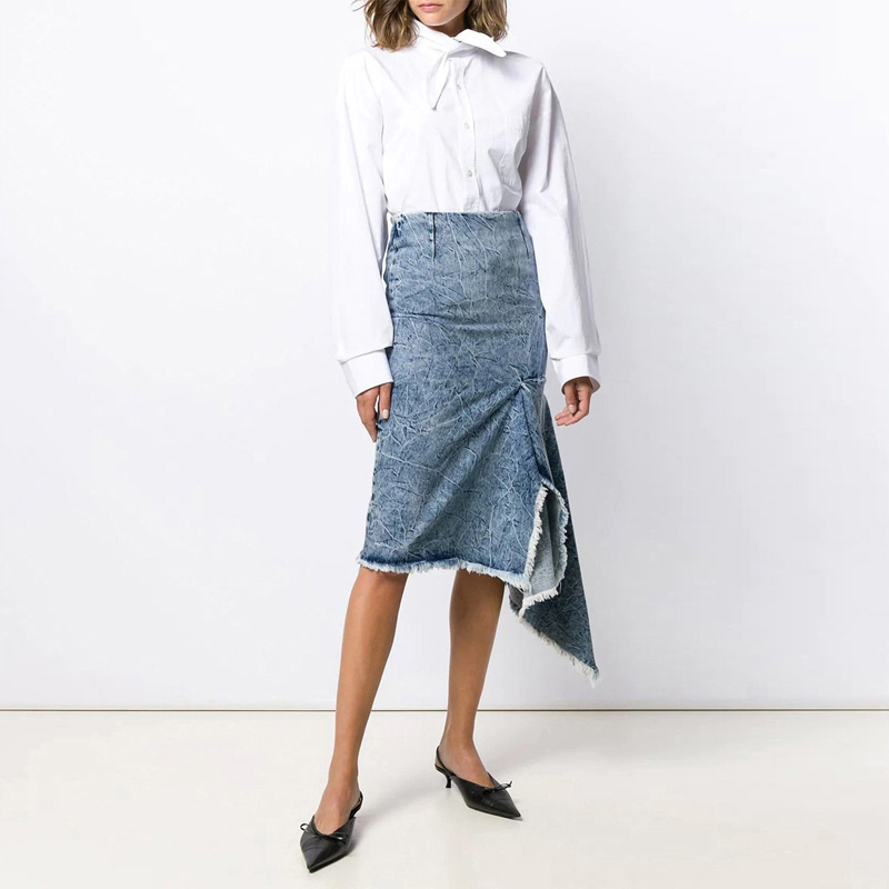 Lookbook (W) 발렌시아가 러플 데님 스커트 블루 여성용 571460TEW368861