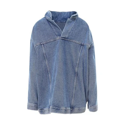 (Women) Balenciaga Solid V-Neck Denim Jacket Blue 646893TDW154762
