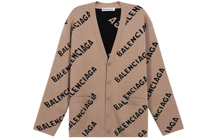 (Women) Balenciaga SS21 Beige Knit Sweater with Allover Logo Pattern 652394T15679364