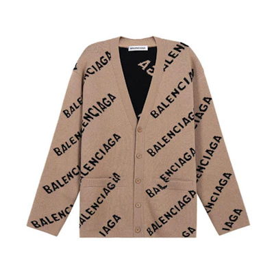 (Women) Balenciaga SS21 Beige Knit Sweater with Allover Logo Pattern 652394T15679364