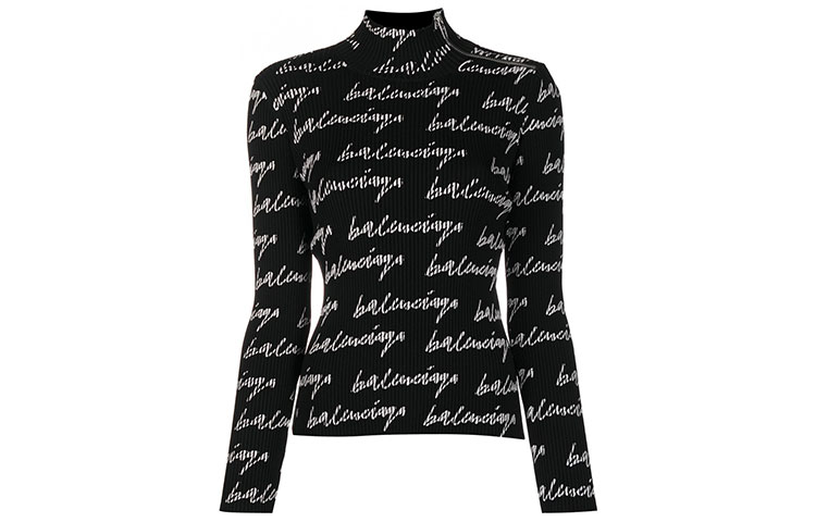(Women) Balenciaga SS21 High-Neck Logo Print Long-Sleeve T-Shirt Black 626194T61591070