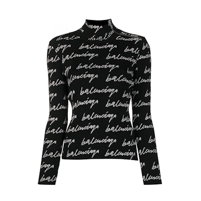 (Women) Balenciaga SS21 High-Neck Logo Print Long-Sleeve T-Shirt Black 626194T61591070