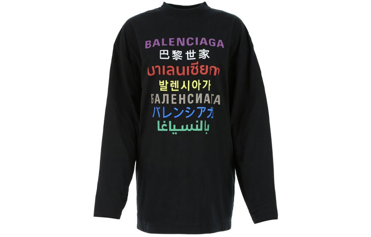 (Women) Balenciaga SS21 Multilingual Logo Colorful Printed Black Long Sleeve Tee Women 641583TJVI32771