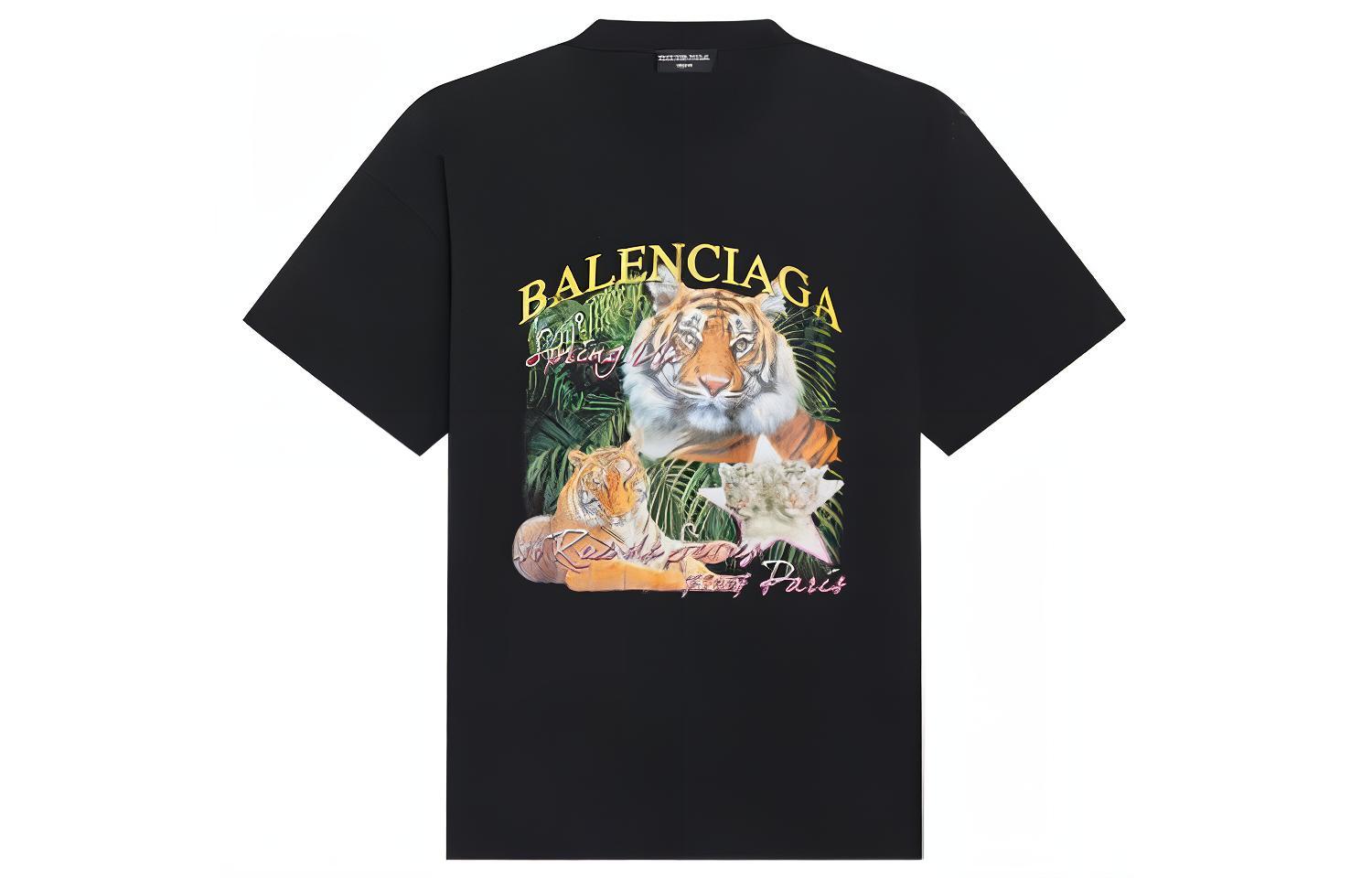 (Women) Balenciaga SS22  Black FBI Tiger Print Crewneck T-Shirt. 670943TLVH20100