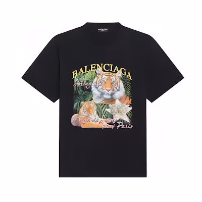 (Women) Balenciaga SS22 Black FBI Tiger Print Crewneck T-Shirt. 670943TLVH20100