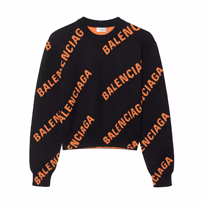 (Women) Balenciaga SS22 Black Knit Sweater with All-Over Logo Print 671576T32001018