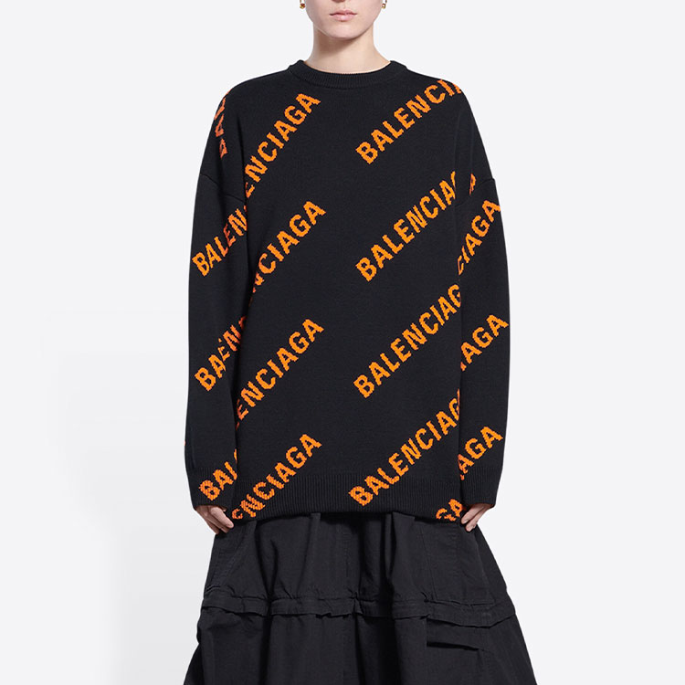 Purchase (Women) Balenciaga SS22  Black Logo Print Crewneck Pullover Sweater. 657528T32001018