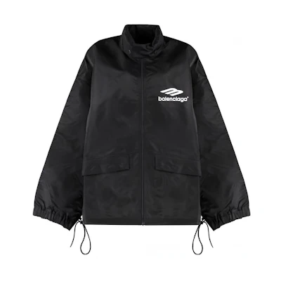 (Women) Balenciaga SS22 Black Logo Print Loose Fit Zip-Up Jacket. 698871TLO250100