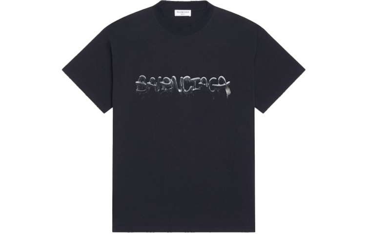 (Women) Balenciaga SS22  Black Slime Logo Print Crewneck T-Shirt. 612965TLVF11069
