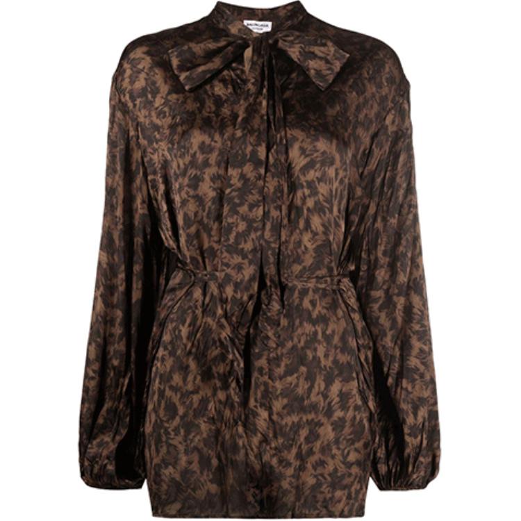 (Women) Balenciaga SS22  Brown Animal Print Bow Tie Shirt 659088TLLE19501