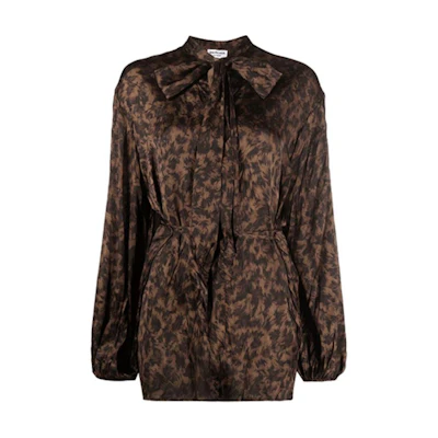 (Women) Balenciaga SS22 Brown Animal Print Bow Tie Shirt 659088TLLE19501