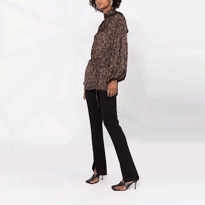 (Women) Balenciaga SS22 Brown Animal Print Bow Tie Shirt 659088TLLE19501 Purchase (Women) Balenciaga SS22 Brown Animal Print Bow Tie Shirt 659088TLLE19501