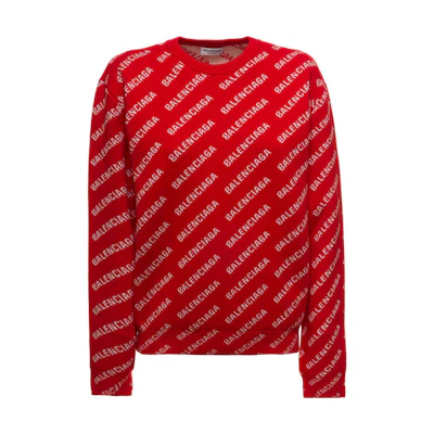 (Women) Balenciaga SS22 Red Logo Print Cotton Sweater. 703209T32336090