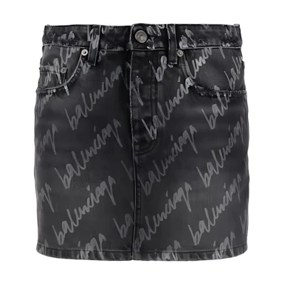 (Women) Balenciaga SS22 Allover Logo Mini Denim Skirt Black. 681802TMW211052