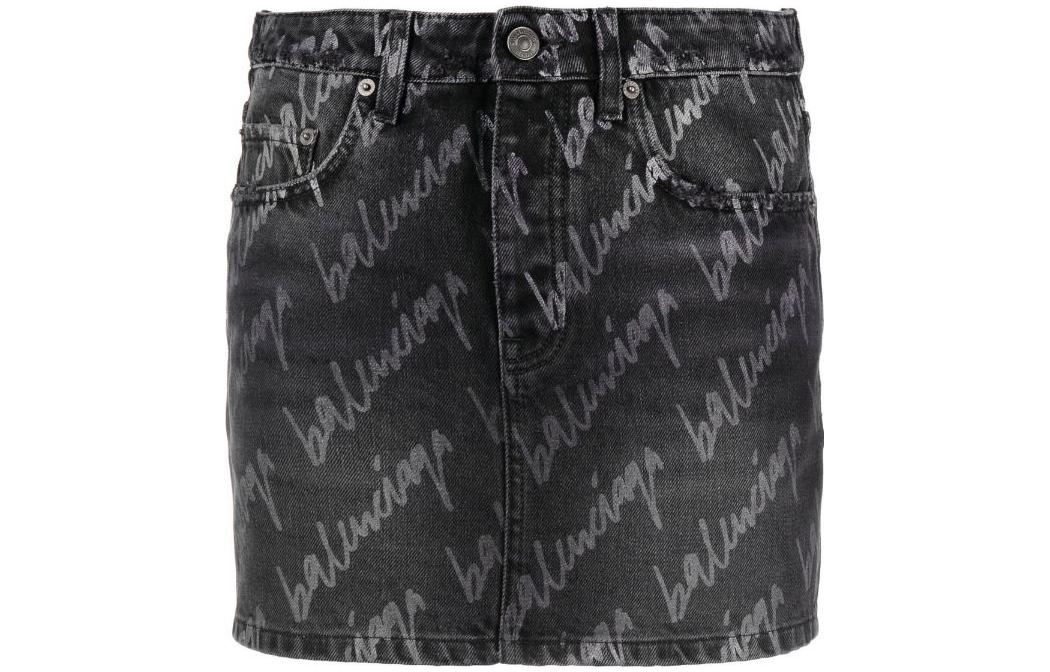 Order (W) 발렌시아가 SS22 올오버 로고 미니 데님 스커트 블랙. 681802TMW211052