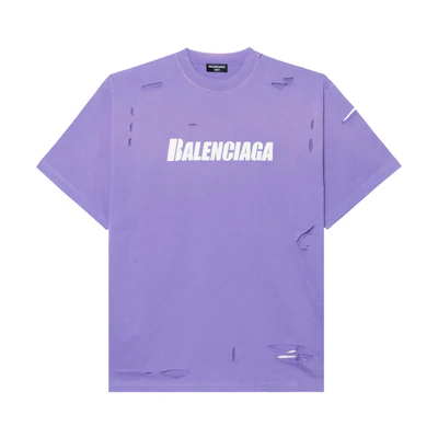 (Women) Balenciaga SS22 Destroyed Effect Crewneck T-Shirt Purple. 651795TKVB83078