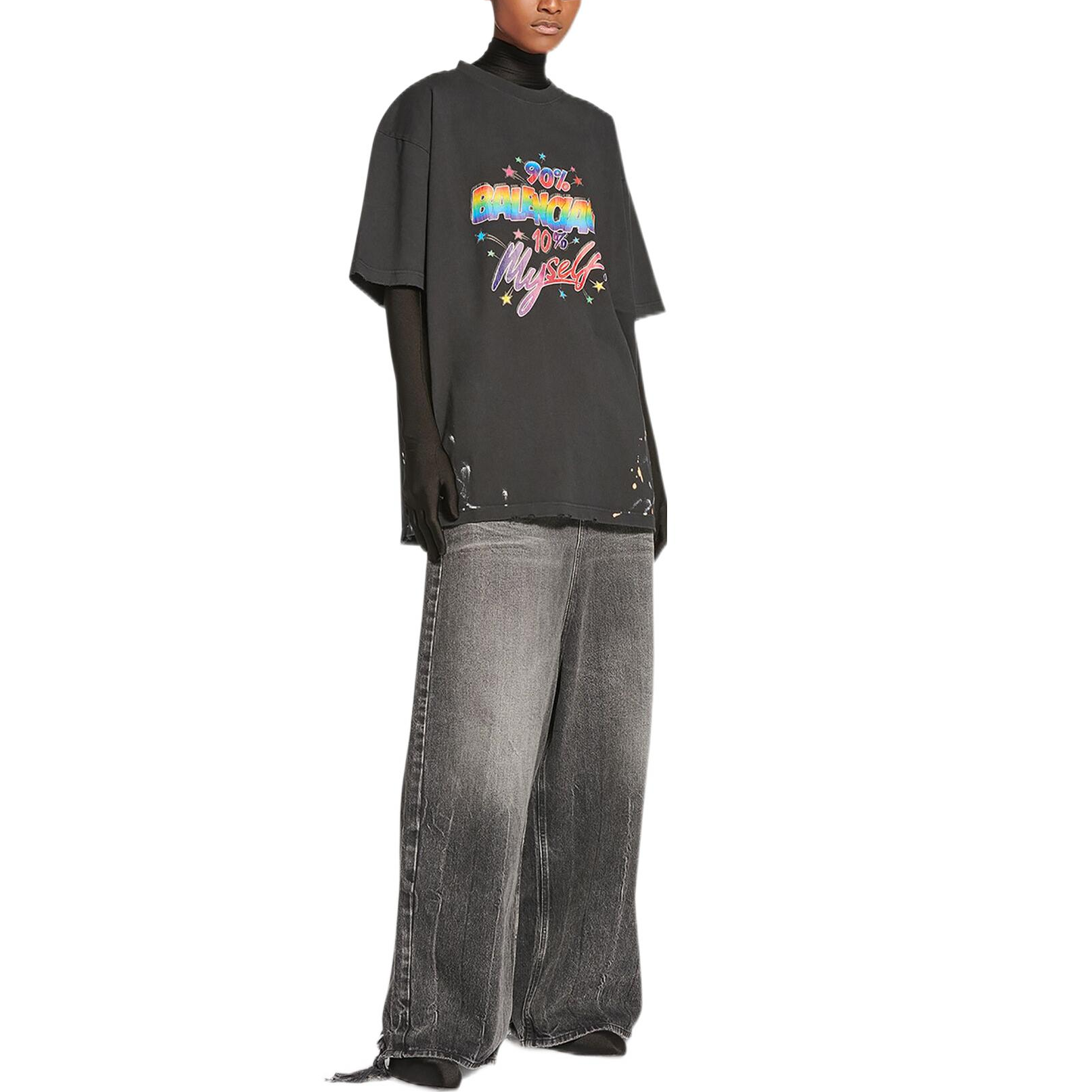 (Women) Balenciaga SS22 Distressed Logo Print Oversized Black T-Shirt for Women 641655TMVH31055 圖 4