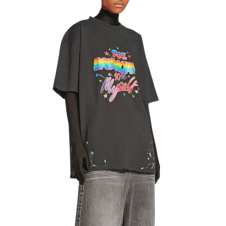 (Women) Balenciaga SS22 Distressed Logo Print Oversized Black T-Shirt for Women 641655TMVH31055 圖 5