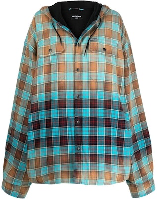 (Women) Balenciaga SS22 Gradient Plaid Drawstring Hooded Long Sleeve Shirt Blue Women. 699223TMM116305 Buy (Women) Balenciaga SS22 Gradient Plaid Drawstring Hooded Long Sleeve Shirt Blue Women. 699223TMM116305