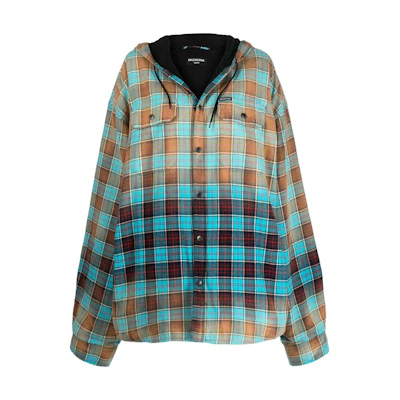 (Women) Balenciaga SS22 Gradient Plaid Drawstring Hooded Long Sleeve Shirt Blue Women. 699223TMM116305