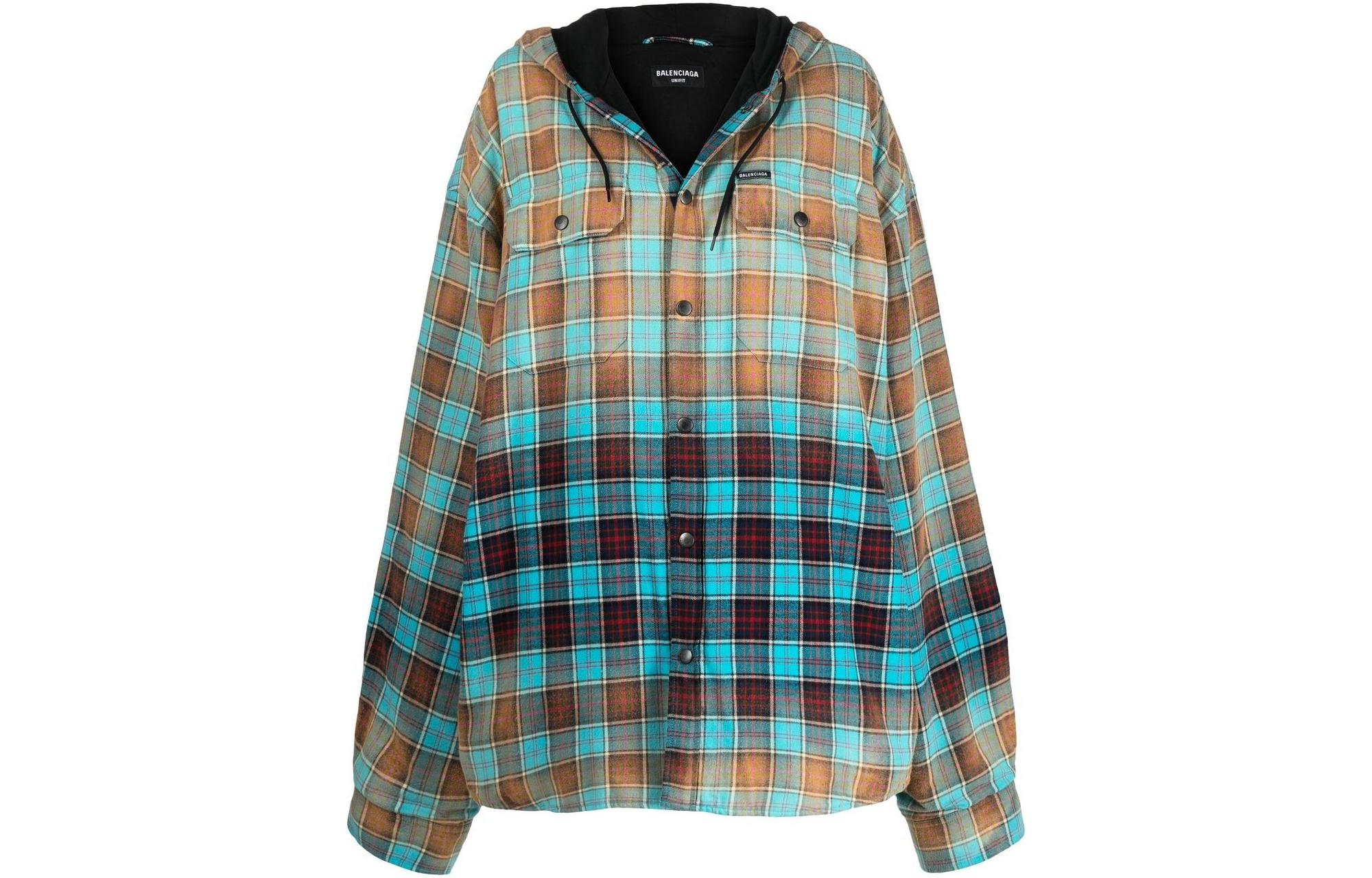 Order (Women) Balenciaga SS22 Gradient Plaid Drawstring Hooded Long Sleeve Shirt Blue Women. 699223TMM116305