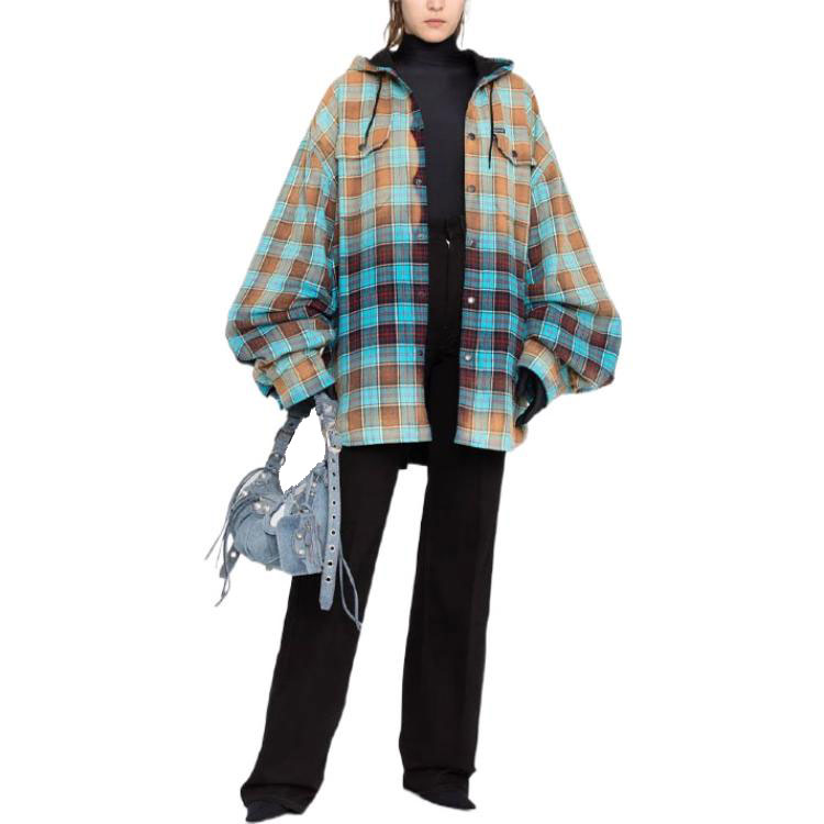 Lookbook (Women) Balenciaga SS22 Gradient Plaid Drawstring Hooded Long Sleeve Shirt Blue Women. 699223TMM116305