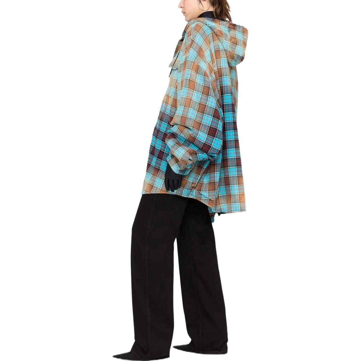 Purchase (Women) Balenciaga SS22 Gradient Plaid Drawstring Hooded Long Sleeve Shirt Blue Women. 699223TMM116305