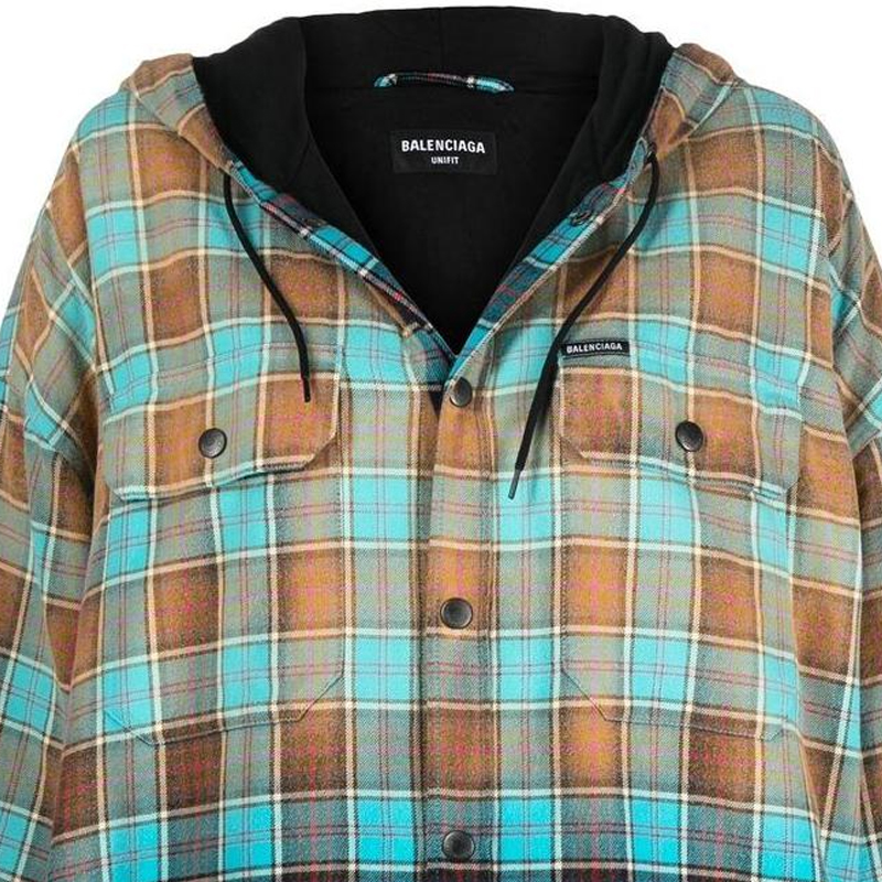 Details for (Women) Balenciaga SS22 Gradient Plaid Drawstring Hooded Long Sleeve Shirt Blue Women. 699223TMM116305