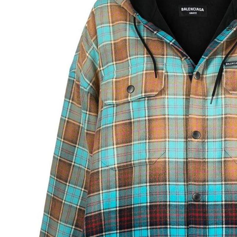 Sizing (Women) Balenciaga SS22 Gradient Plaid Drawstring Hooded Long Sleeve Shirt Blue Women. 699223TMM116305