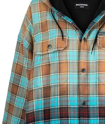 (Women) Balenciaga SS22 Gradient Plaid Drawstring Hooded Long Sleeve Shirt Blue Women. 699223TMM116305 Sizing (Women) Balenciaga SS22 Gradient Plaid Drawstring Hooded Long Sleeve Shirt Blue Women. 699223TMM116305