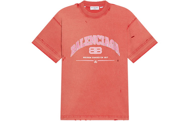 (Women) Balenciaga SS22 Maison Vintage Distressed Logo T-Shirt Orange  Short Sleeve 612965TLVJ16441