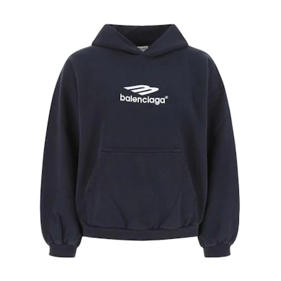 (Women) Balenciaga SS22 Navy Blue Pullover Hoodie with Front Logo. 697874TMVA60396