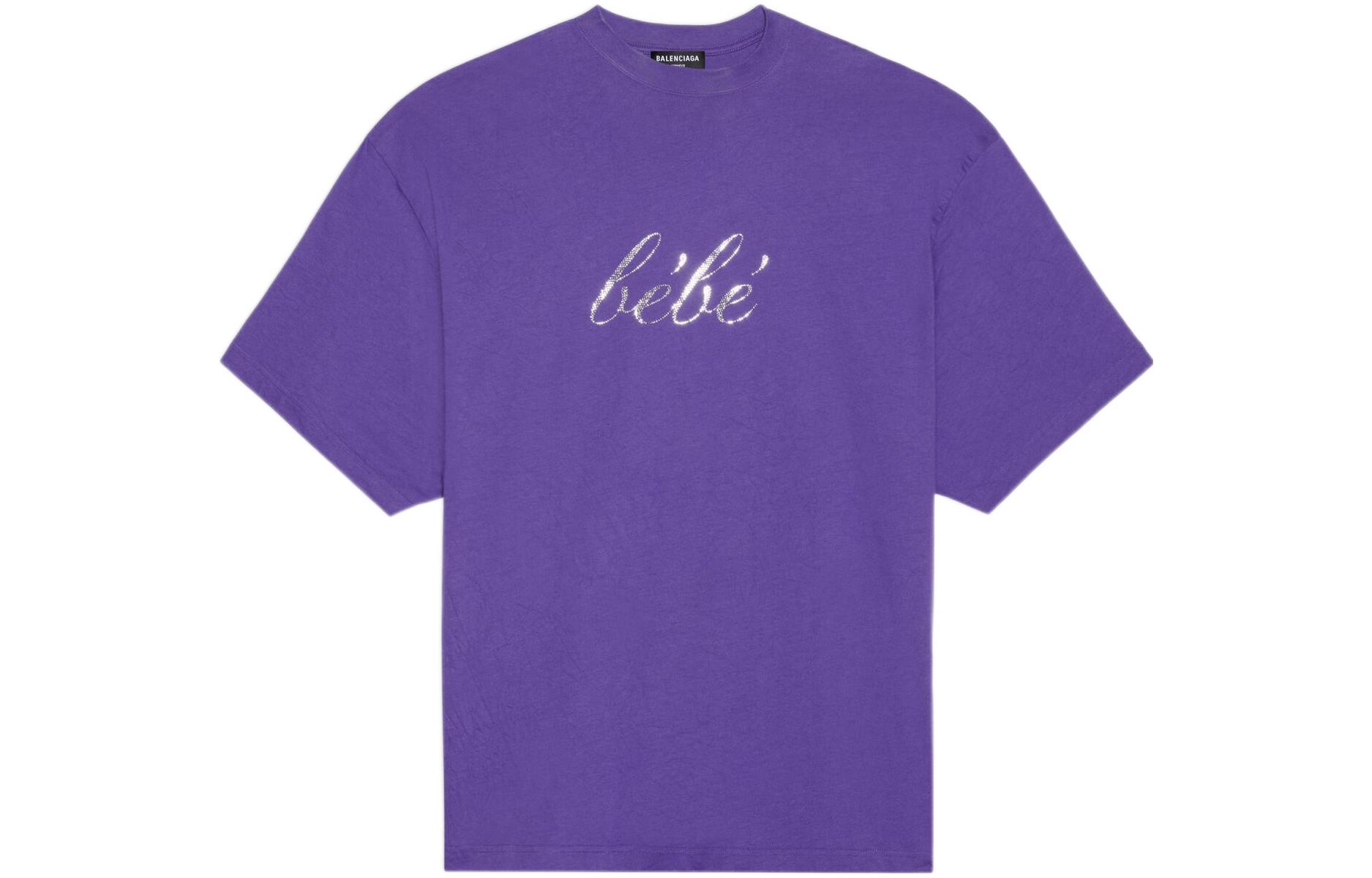(Women) Balenciaga SS22 Sequin Letter Logo Purple Crewneck Casual T-Shirt Women. 681314TLVH40553
