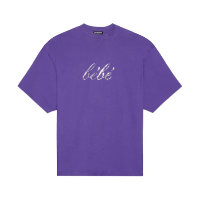 (Women) Balenciaga SS22 Sequin Letter Logo Purple Crewneck Casual T-Shirt Women. 681314TLVH40553