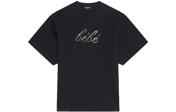 (Women) Balenciaga SS22 Sequin Logo Black Crewneck T-Shirt Women. 681314TLVH41000