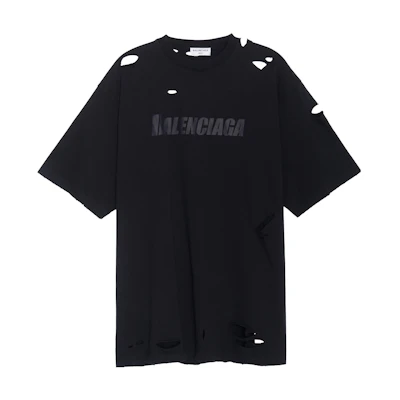 (Women) Balenciaga SS22 Womens Black Distressed Letter Print Logo T-Shirt Regular Fit. 651795TKVB80106