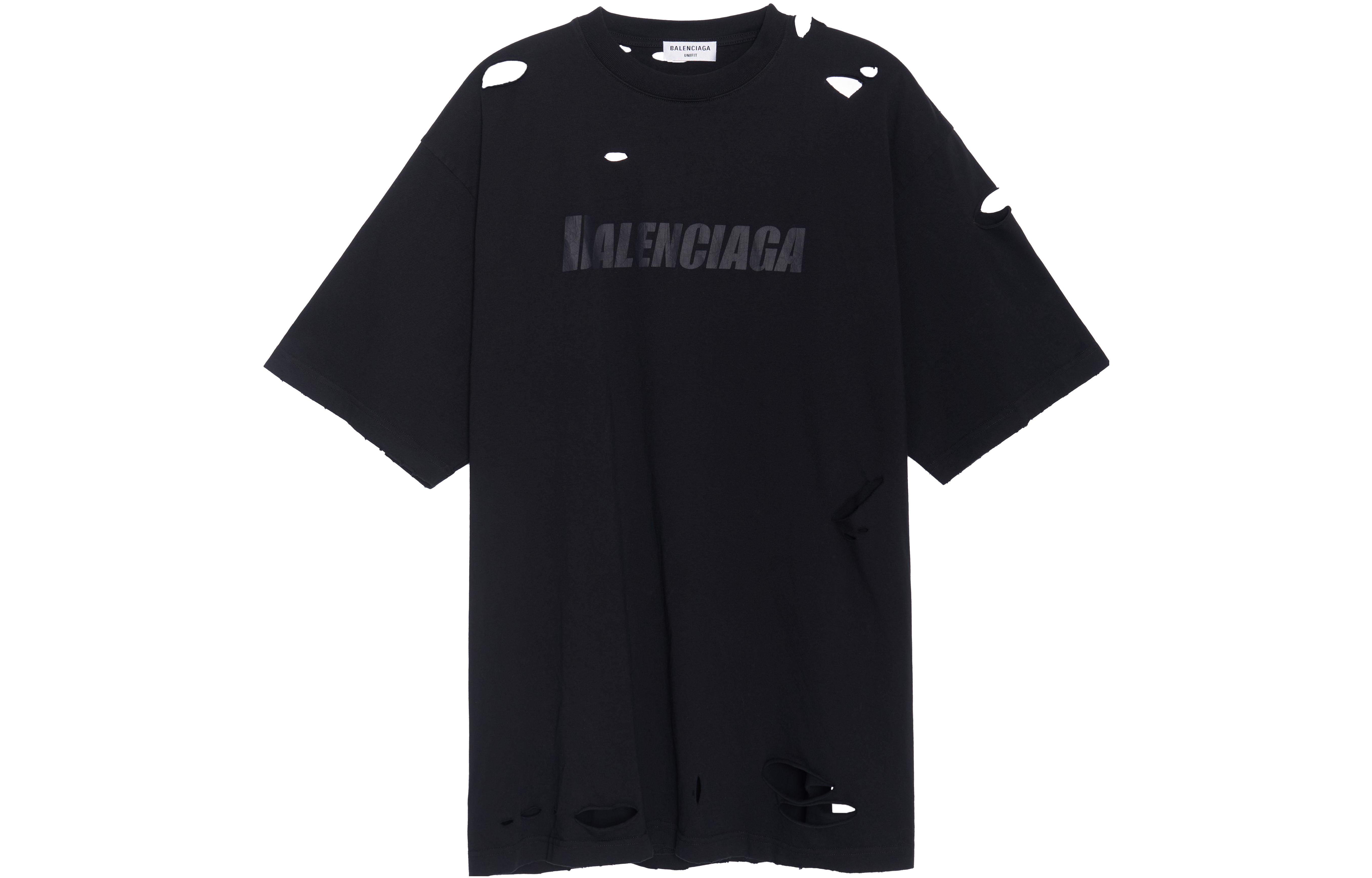 Order (W) Balenciaga SS22 Wanita Hitam Kemeja-T Logo Cetak Huruf Distressed Regular Fit. 651795TKVB80106