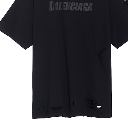 (W) Balenciaga SS22 Wanita Hitam Kemeja-T Logo Cetak Huruf Distressed Regular Fit. 651795TKVB80106 Sizing (W) Balenciaga SS22 Wanita Hitam Kemeja-T Logo Cetak Huruf Distressed Regular Fit. 651795TKVB80106