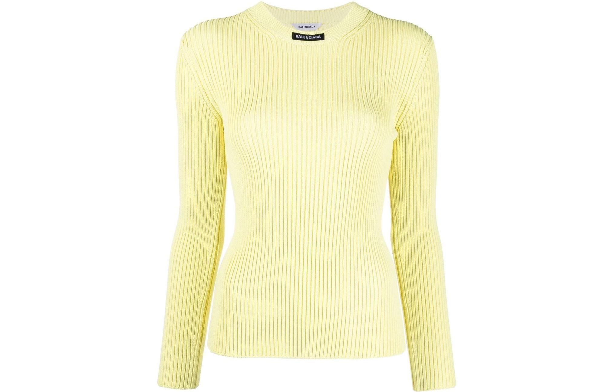 (Women) Balenciaga SS22 Yellow Logo Ribbed Knit Crewneck Sweater 691969T51697200