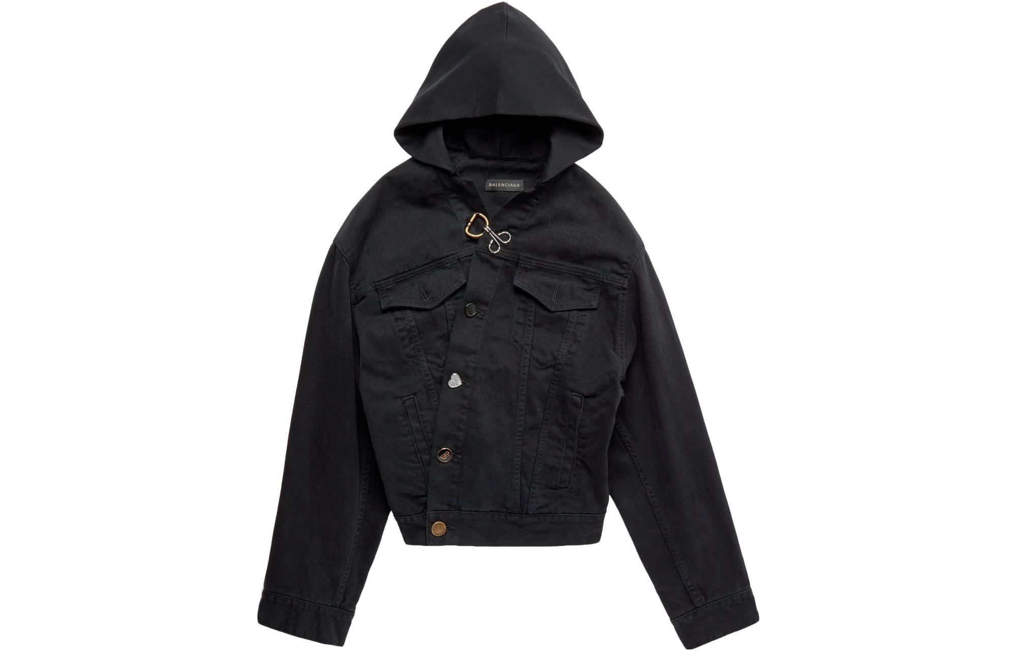 Order (Women) Balenciaga SS23  Black Hooded Denim Jacket with Embellished Buttons. 702435TNW111700