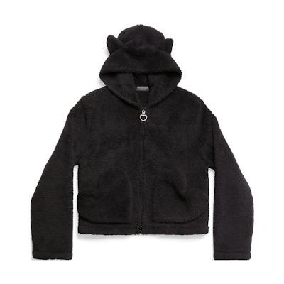 (Women) Balenciaga SS23 Black Zip-Up Plush Hoodie Jacket Regular Fit. 746476TOQ111000