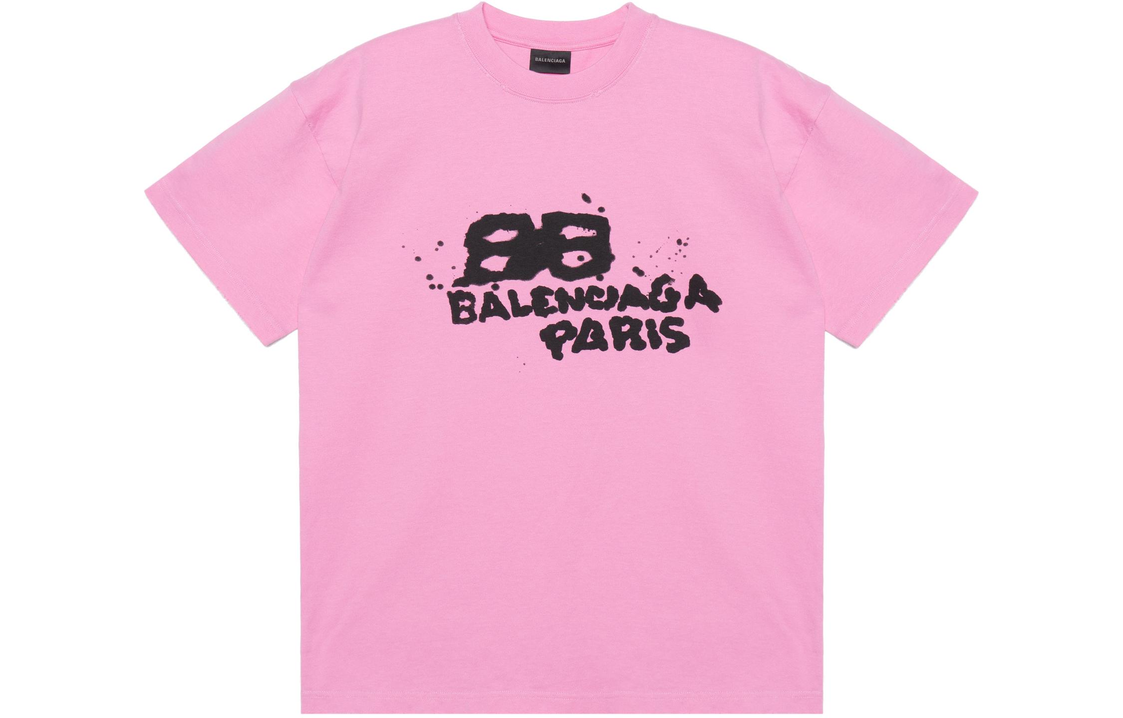 (Women) Balenciaga SS23  Pink Hand Drawn BB Logo Print Loose Fit T-Shirt. 612965TNVN41401