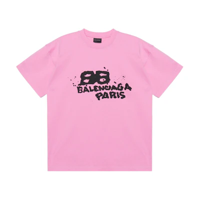(Women) Balenciaga SS23 Pink Hand Drawn BB Logo Print Loose Fit T-Shirt. 612965TNVN41401