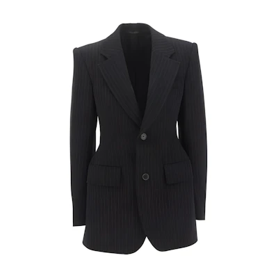 (Women) Balenciaga SS23 Striped Long-Sleeve Button-Up Jacket Black. 725199TNT361070