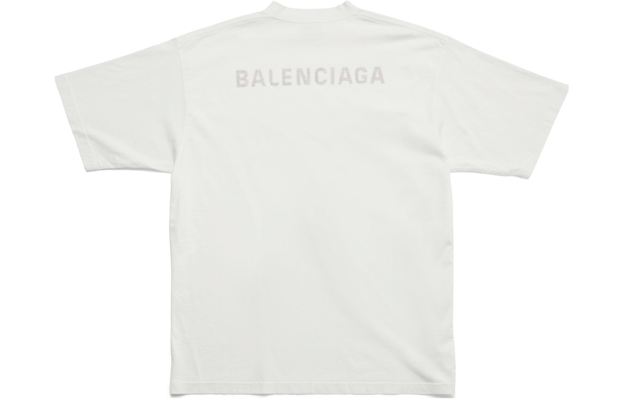 Buy (Women) Balenciaga SS23  White Loose Fit T-Shirt with Logo and Rhinestone Detail. 641655TOVJ69067